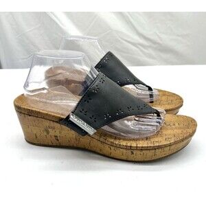 Vionic Womens  Anitra Black Leather Wedge Thong Cork Sandals Flip Flops Size 11